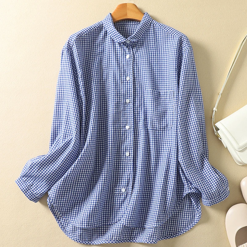Retro Plaid Long Sleeve Women's Shirt Thin Single Button Design Spring Autumn Blue Top Breathable Loose Fit Cotton Blend