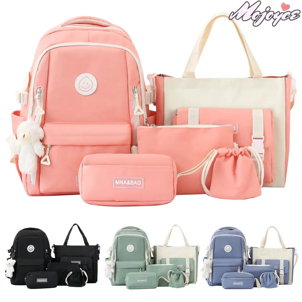 

5pcs Backpack Combo Set Large Capacity Simple Rucksack Canvas with Pendant Soft for Primary Middle School Students