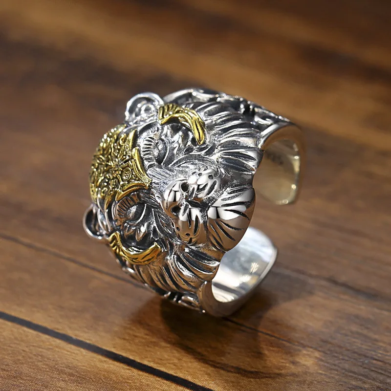 Classic vintage 925 Thai Silver Domineering golden Armor Tiger Head mens rings Sculptured Design Hip Hop Party Jewelry