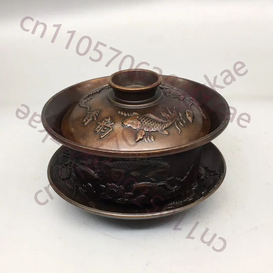 Chinese Folk Collection of copper Three piece set of tea bowls with continuous surplus relief cover bowl