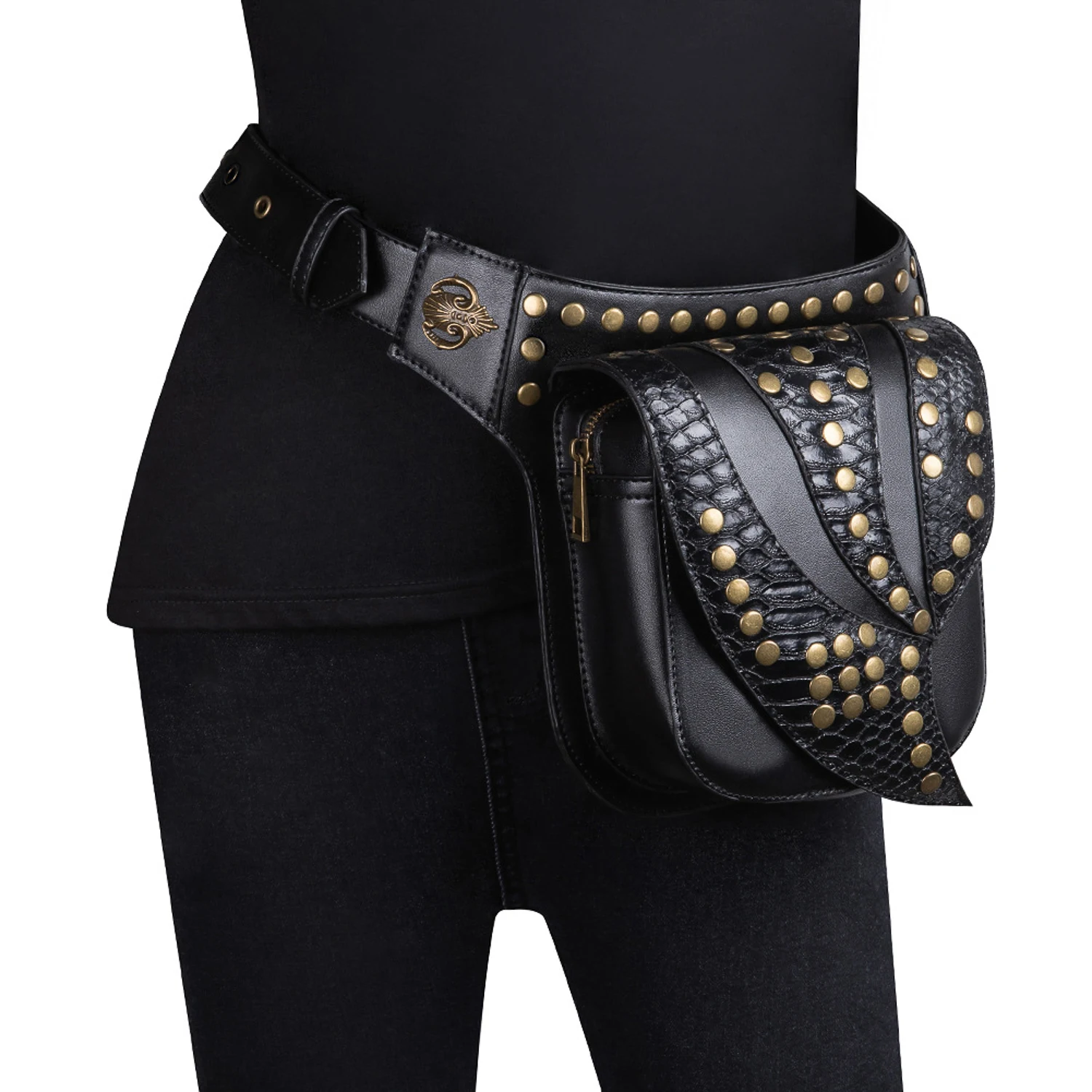 Retro SteamPunk Leather Waist Bag SerpentineCrossbody Bag Rock Men Women Gothic BlackFanny Packs Fashion Motorcycle Leg Bags