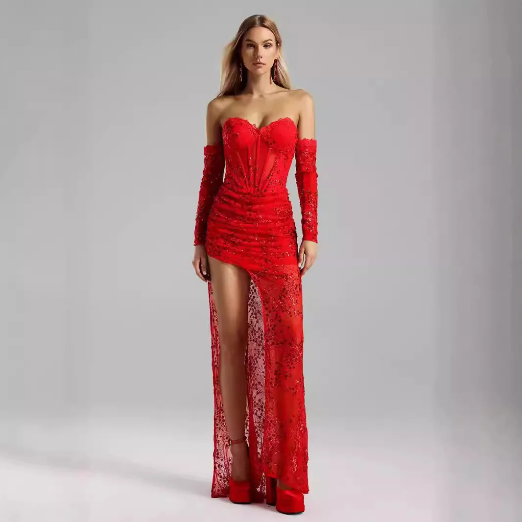 

New Tube Top High Waist Pleated Lace Elegant Beaded Split Long Red with Gloves Banquet Evening Dress