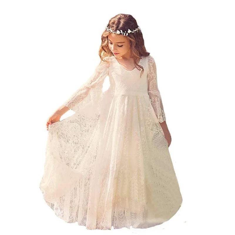 New Children's Clothes Flower Girl Lace Dress Long Sleeve Round Neck Children's Dress Host Show Costume