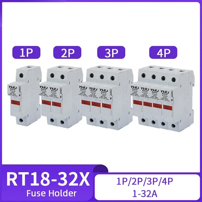 RT18-32X 1P 2P 3P 4P AC Fuse Holder DIN Rail Mounting Fuse Holder Bottom Adapter AC 380V-500V with RO15 10x38mm Ceramic Fuse