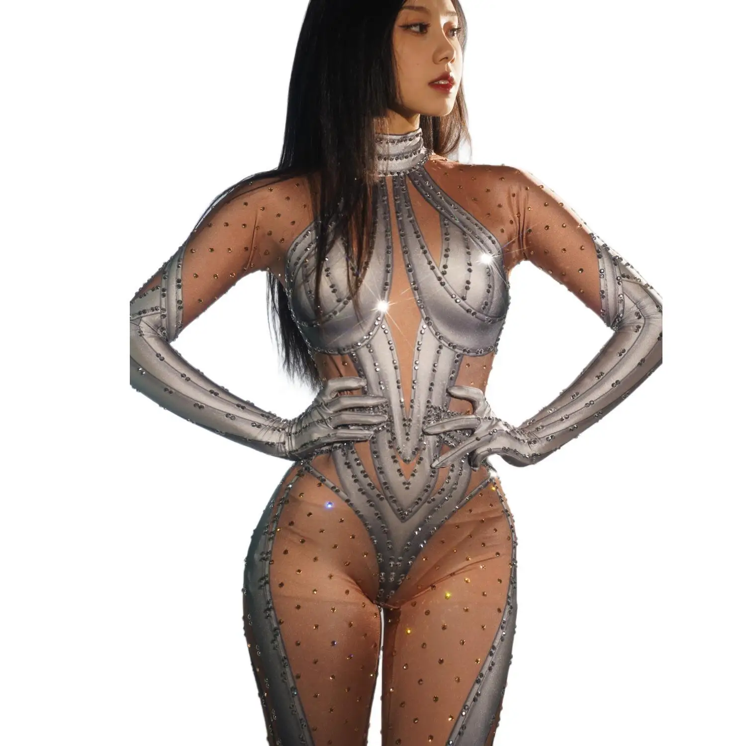 

Silver Rhinestones Sexy Nude Golves Jumpsuit Women Dance Stretch Bodysuit Outfit Evening Singer Performance Costume 2024 Tiepi