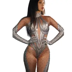 Silver Rhinestones Sexy Nude Golves Jumpsuit Women Dance Stretch Bodysuit Outfit Evening Singer Performance Costume 2024 Tiepi