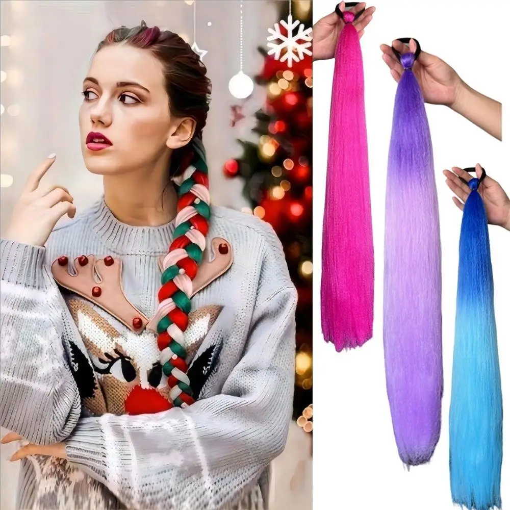 

2pcs Synthetic Purple Ponytail 28Inch Straight Ponytail Purple Braided Ponytail With Rubber Band Hair Accessories For Halloween