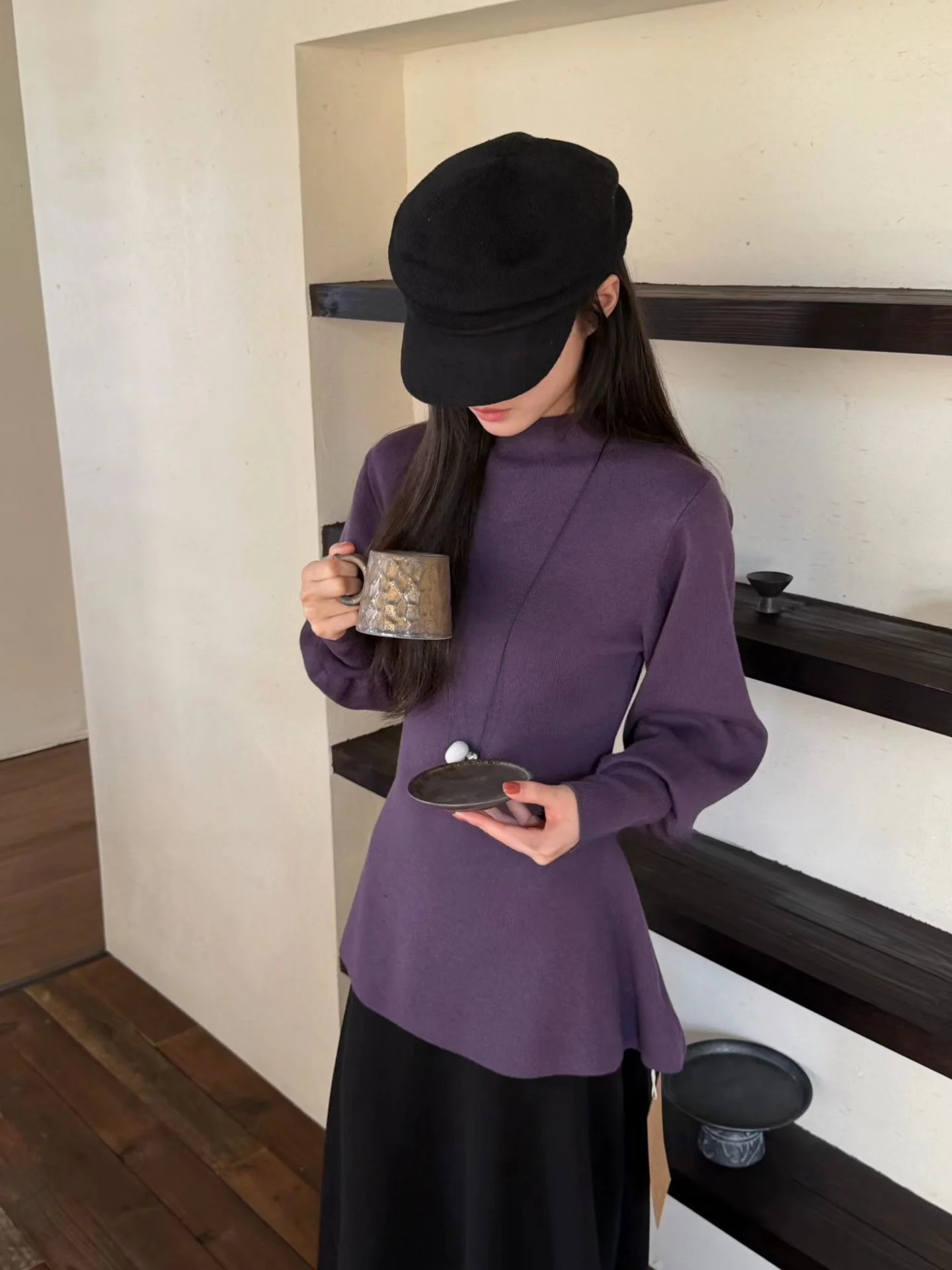 

Slim Fit Batwing Sleeve Sweater Women's Autumn Winter New Style Sweet Waist Cinching Purple Knitwear High Collar Design Sense