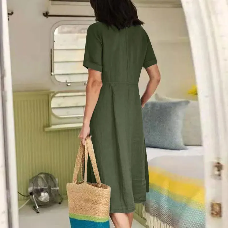 Fashion Summer Shirt Dress Women\'s Cotton Linen Sundress Casual Short Sleeve Vestidos Female High Waist Dresses Femme Clothes