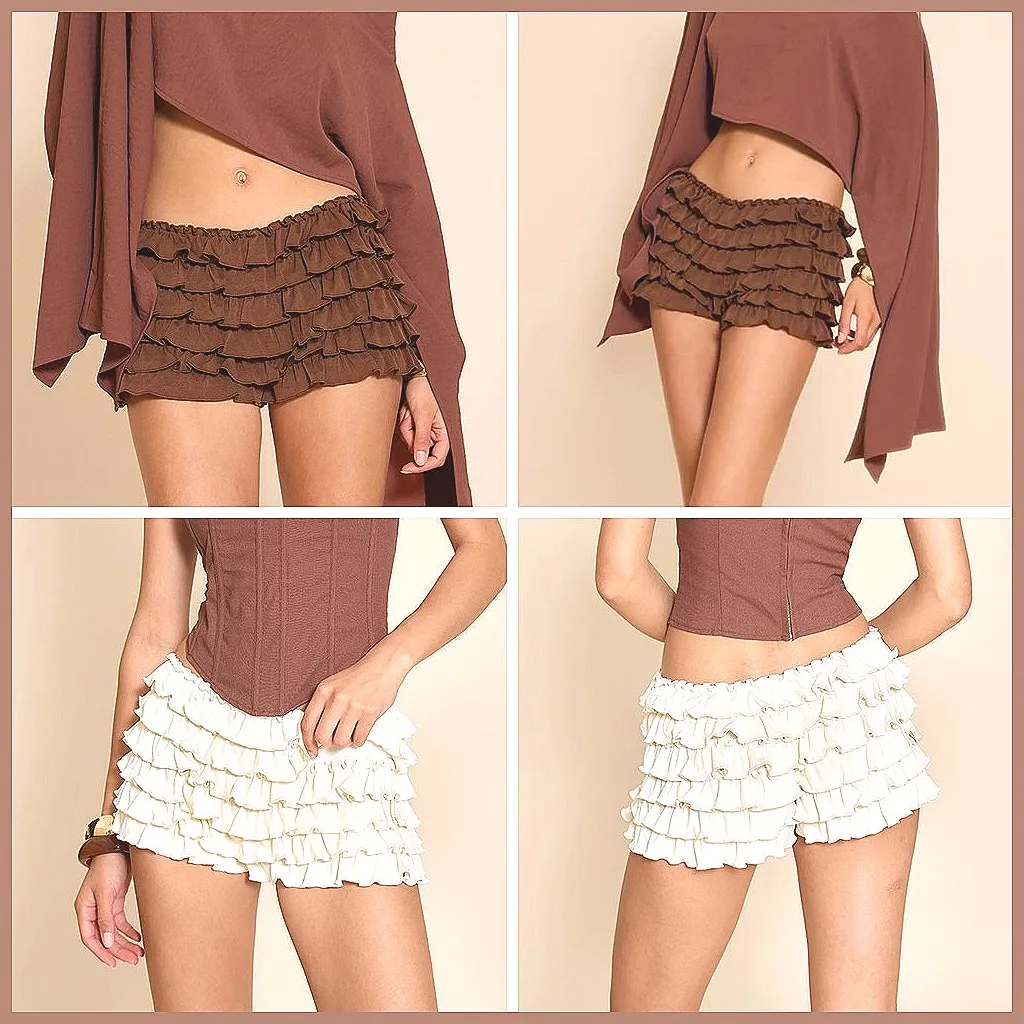 

Women's Elastic Low Waist Shorts - Summer Mesh Bloomers with Ruffled Frilly Hem, Y2K Streetwear Solid Color Short Pants