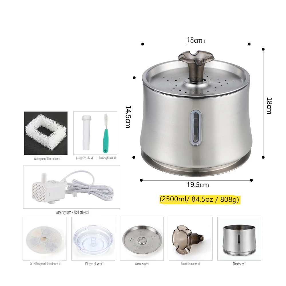 Automatic 2.5L Stainless Steel Pet Water Drinker Portable Round Cat Water Drinker with Water Level Window