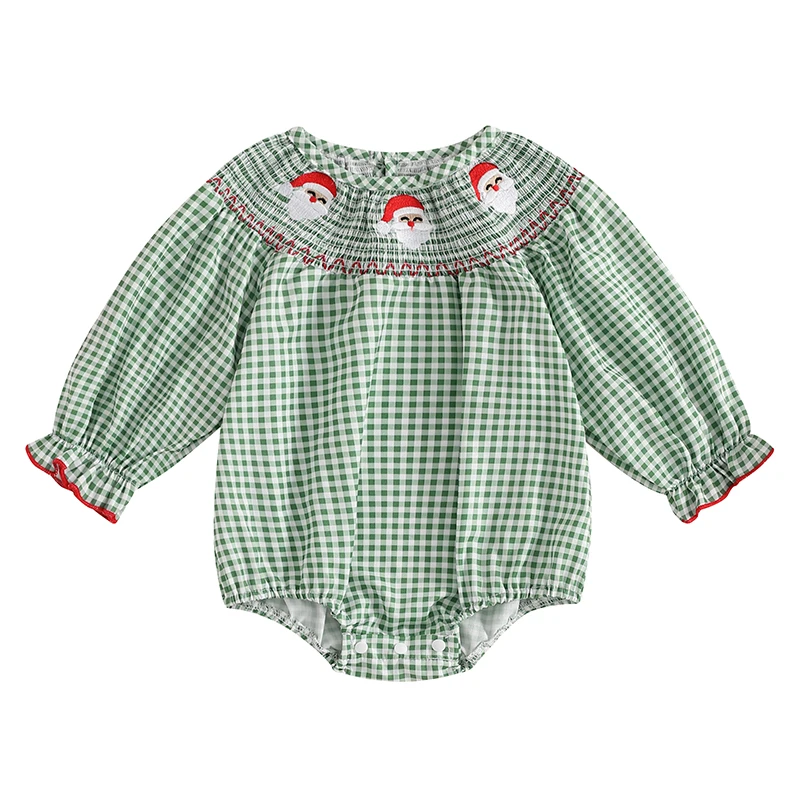 Baby Girl Christmas Romper Classic Long Sleeve Plaid Print Smocked Bodysuit Newborn Playsuit