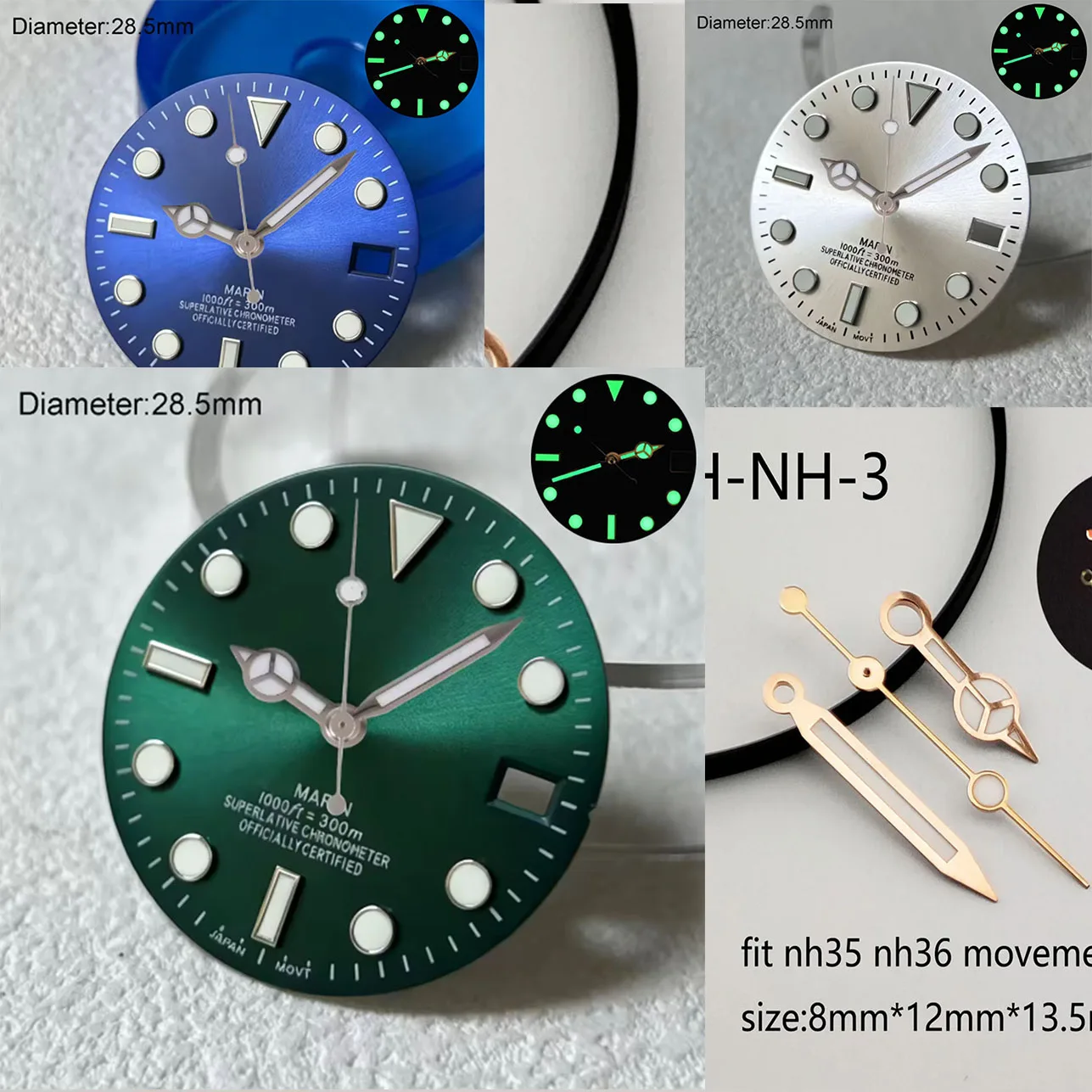 28.5mm NH35 S Logo Dial Sunburst Ice Blue Gray Green SUB Dial For NH35 Movement Green Lumen Hands NH35 Mariner S Dial WatchMods