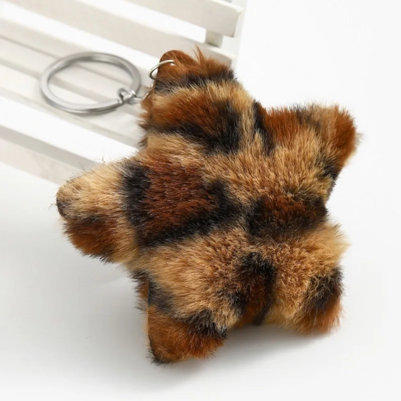 1PC Leopard Pompon Keychain Woman High Imitation Rabbit Hair Star Pentagram Soft Car Keychain Bag Pendant Accessory Gift