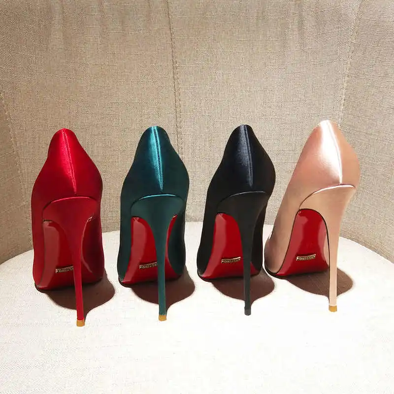 

Women heels silks 2025 Women's elegant high heels Luxury Brand Red Shiny Bottoms Pointed Toe Sexy Pumps Ladies Prom Shoes Women