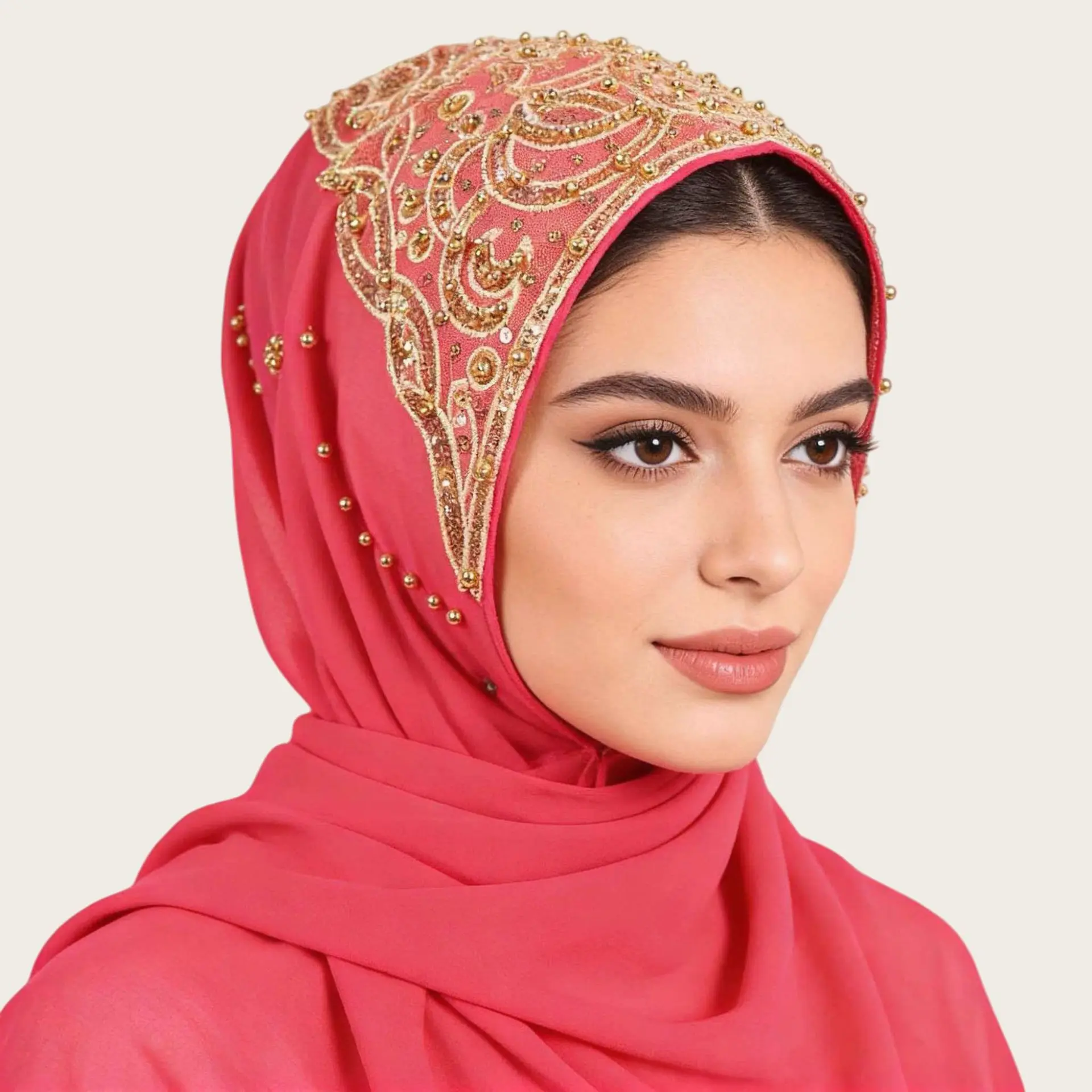 

Muslim Fashion Shawl Beaded Hijab Scarf Popular Chiffon Islamic Headscarf Easy Pull On Ethnic Head Wrap Southeast Asian