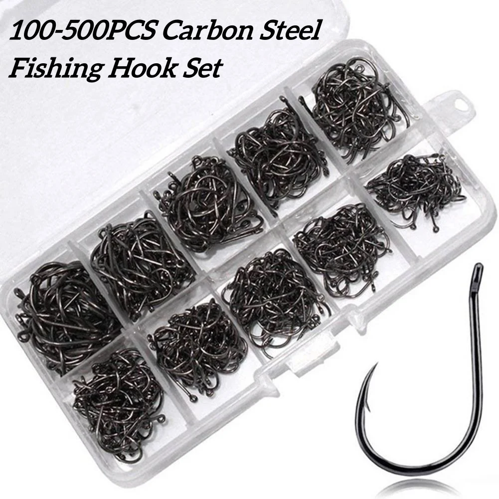 100-500Pcs/box #3~#12 High Carbon Steel Fishing Hook Fresh Salt Water All Fitted Barbed Fishing Hook Outdoor Fishing Accessories