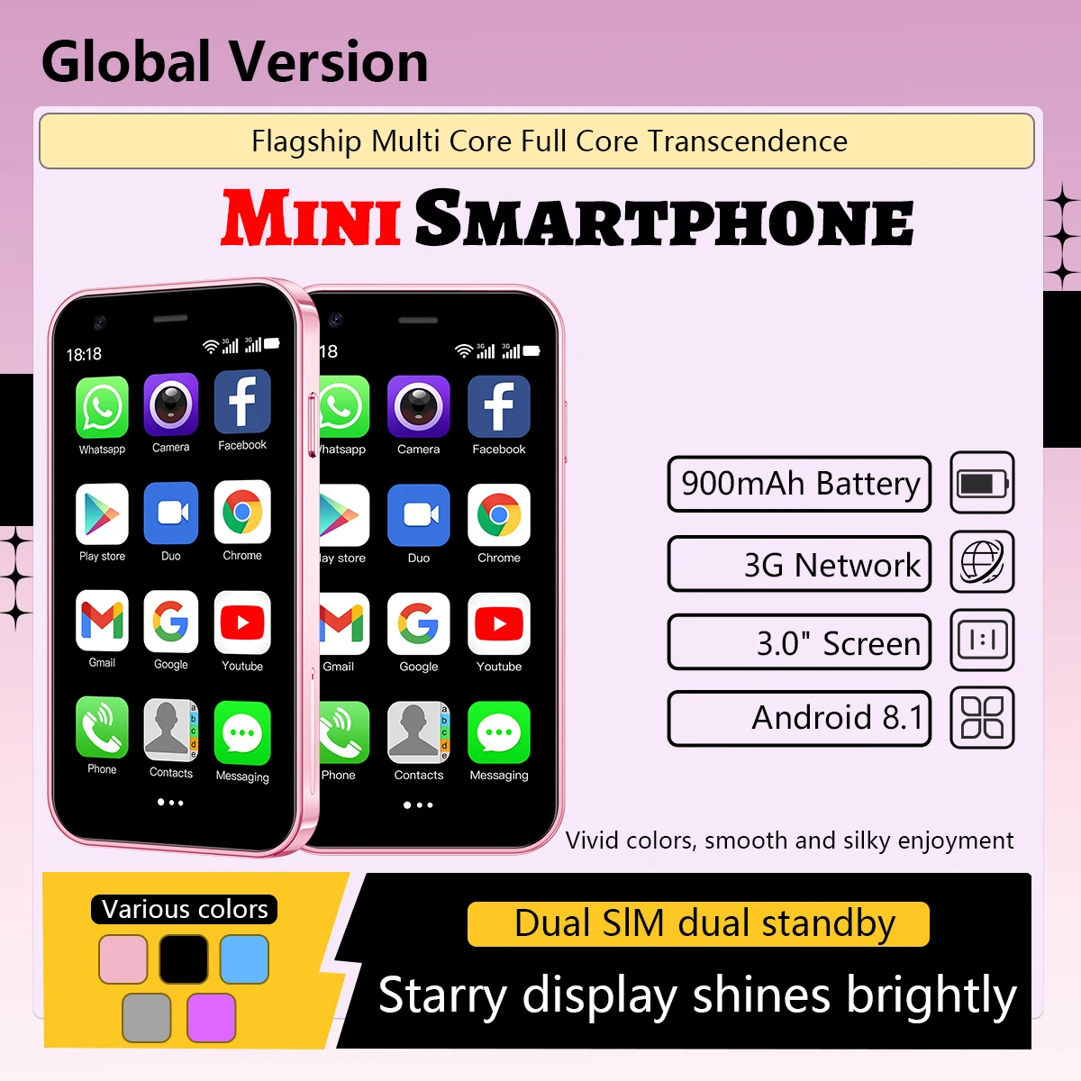 XS15 Mini Android-smartphone, ondersteunt GPS, Dual SIM Dual Standby, 2+16GB geheugen, reisback-uptelefoon, zakformaat, Android 8.1