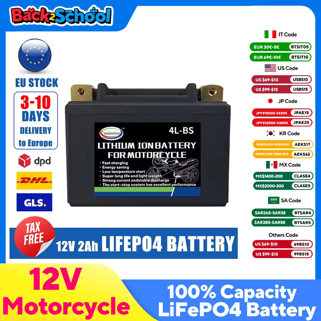 

Motorcycle Battery 12V LiFePO4 Lithium Ion 4L-BS 160CCA Size-113x70x89mm Built-in BMS Board Lithium Phosphate Ion Battery
