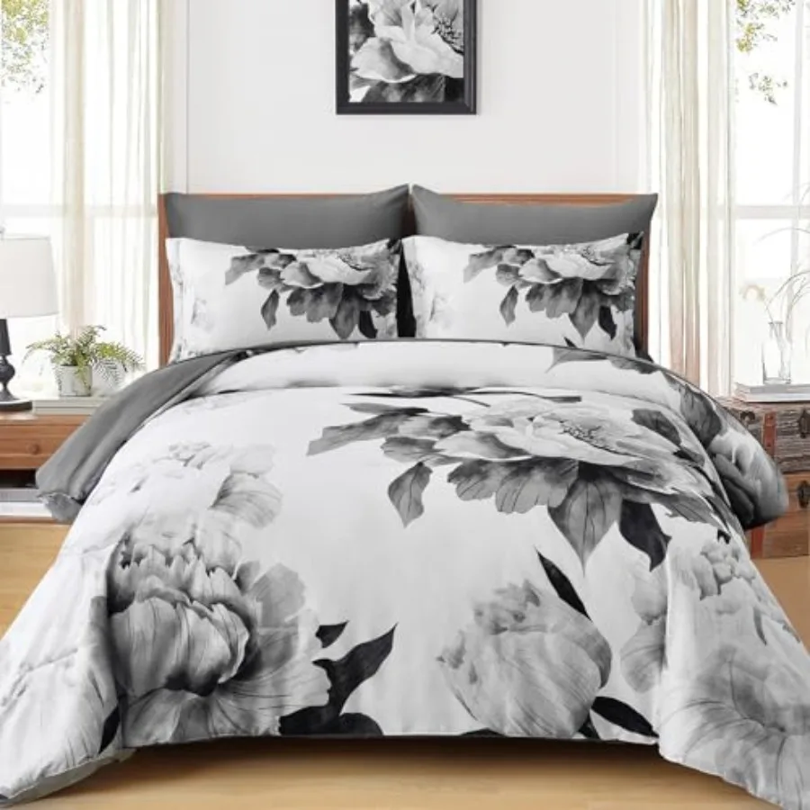 

Comforter Set 7 Pcs Bed in a Bag Gray Floral Printed on White Comforter Set with Sheets Soft Microfiber Botanical Farmhouse Bed