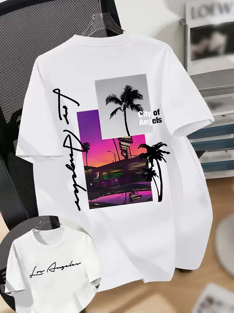 Los Angeles Palm Tree Neon Graphic T-Shirt, Men Women Tops Casual Short Sleeve Crew Neck Black Cityscape Streetwear Top