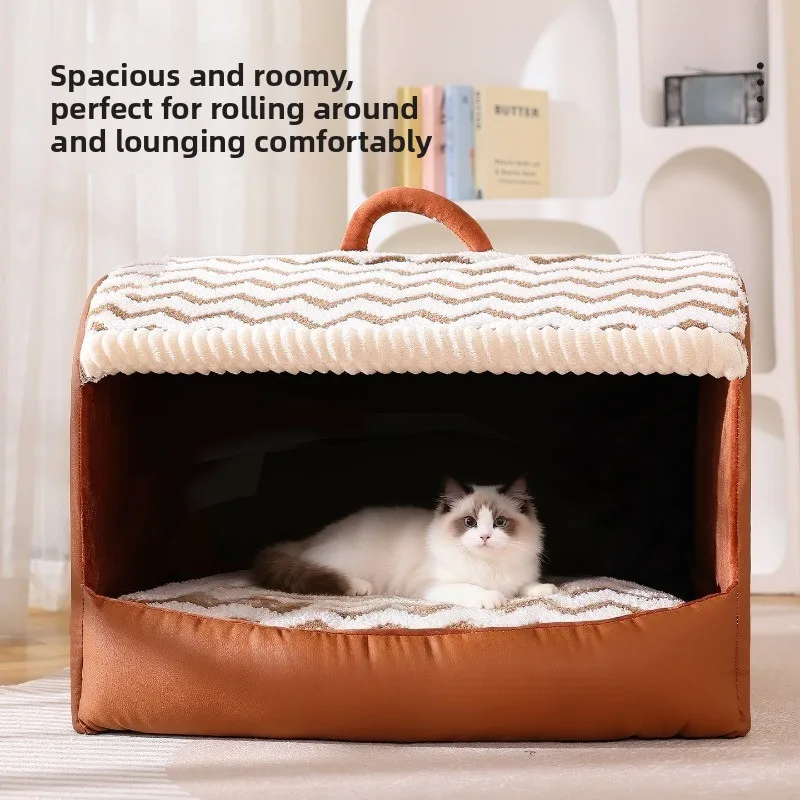 

Color matching cat nest, removable and washable closed cat house, brown and gray small dog and cat universal sleeping nest
