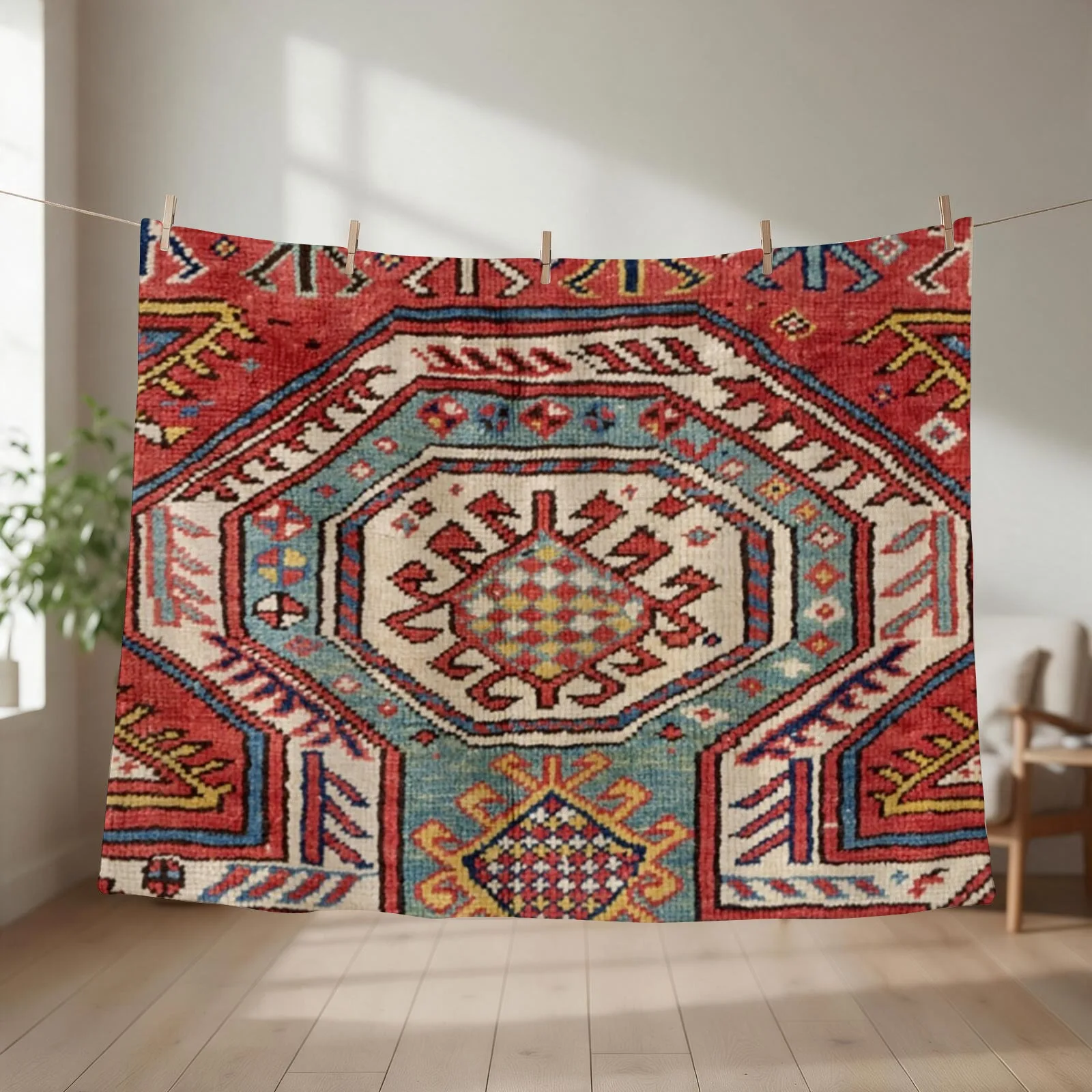 Orduch Medallion II // 19th Century Colorful Bright Baby Blue Diamond Blossom Ornate Accent Pattern Throw Blanket
