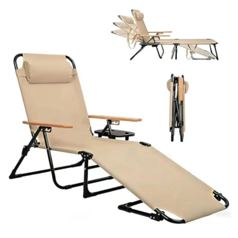 

Folding Lounge Chairs for Outside Patio 4 Position Beach Lounge with Cup Holders Wooden Armrests Beige Holds 350 Lb Outdoor Sun