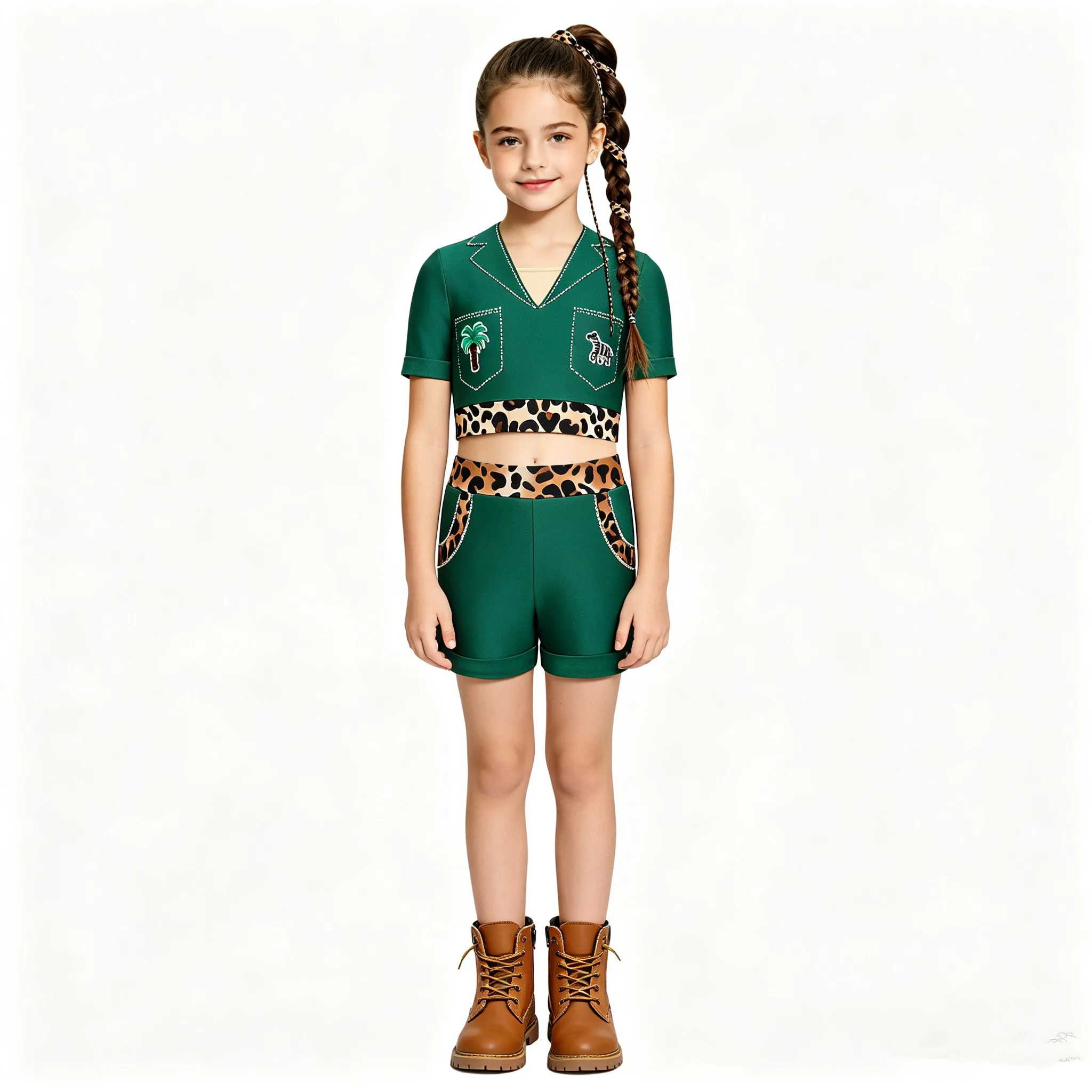 Kids Girls Jungle Explorer Adventurer Costume Leopard Print Shiny Rhinestone Jazz Dance Crop Top with Shorts Halloween Clothes