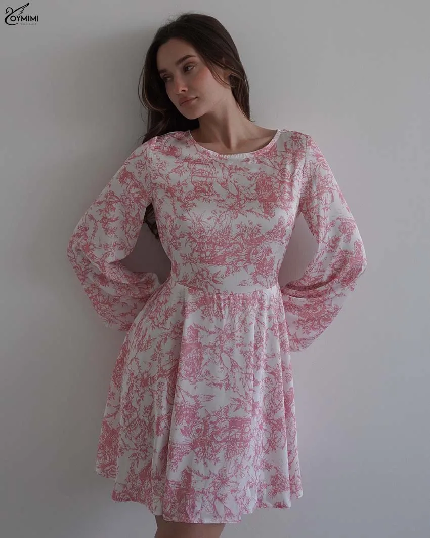 Sukienki damskie Oymimi Casual z różowym nadrukiem, modne sukienki z dekoltem typu O, długim rękawem, sznurowane, eleganckie sukienki mini z odkrytymi plecami, luźne, streetwear