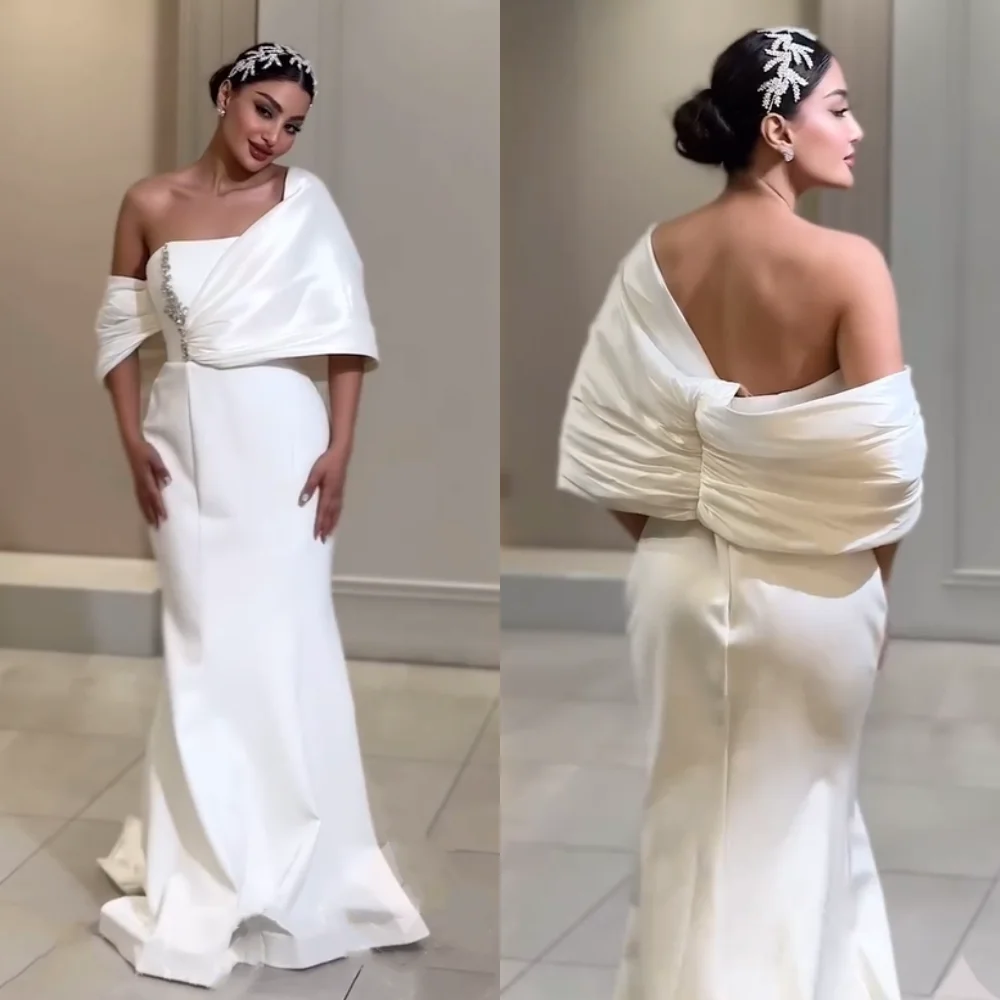 Customized Sizes Available Jersey Pleat Rhinestone Trumpet Off-the-shoulder Long Dresses Prom Dresses Modern Style