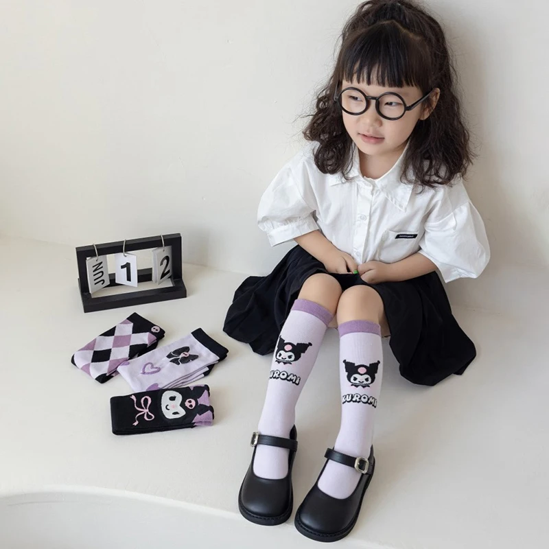 

Детские вязаные теплые носки Sanrio с рисунком аниме Kuromi в студенческом стиле, осенне-зимние длинные носки для девочек, носки-трубы, детские носки до икры с рисунком из мультфильма
