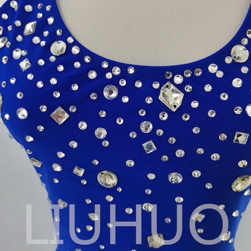 LIUHUO Ice Skating Dress Women Girls Spandex Soild Blue Figure Skating Roller Gymnastics Skating Belly Skirt