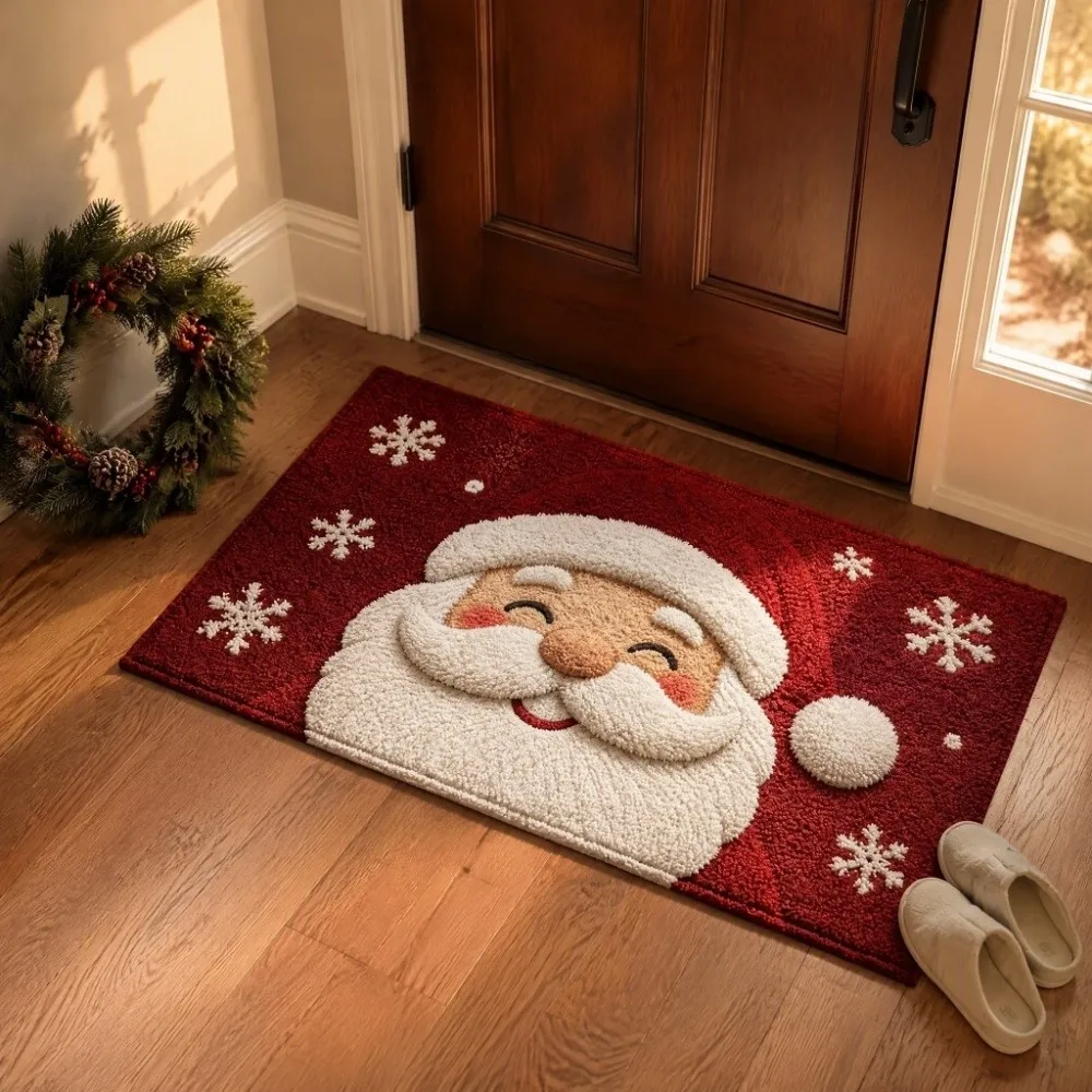 Cute Tufted Christmas Doormat Embossed Non Slip Welcome Mat Easy Care Green Entrance Mat Entryway