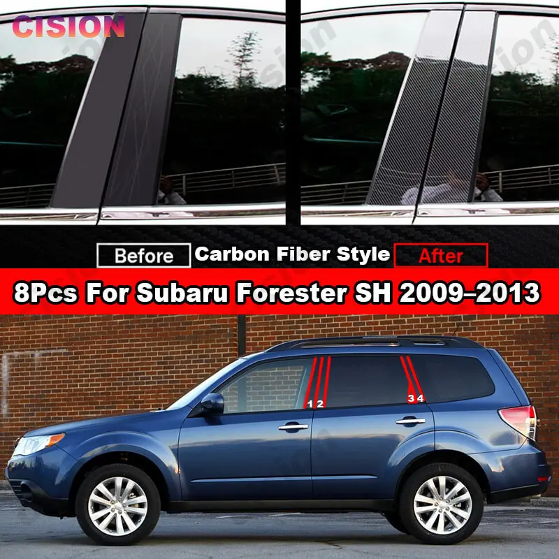 For Subaru Forester SH Mirror Effect Door Window Center Column B C Pillar Cover Post Trim Black Carbon Fiber PC Material Sticker