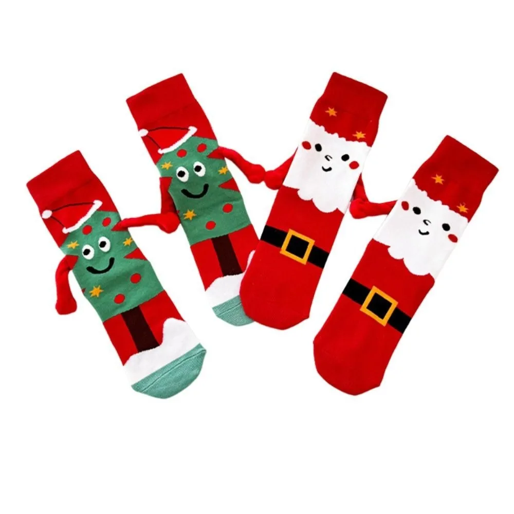 

2Pairs Anti-slip Magnetic Christmas Socks Tree Santa Claus Hand in Hand Socks Cartoon Hosiery Cotton Mid-calf Sock Outdoor