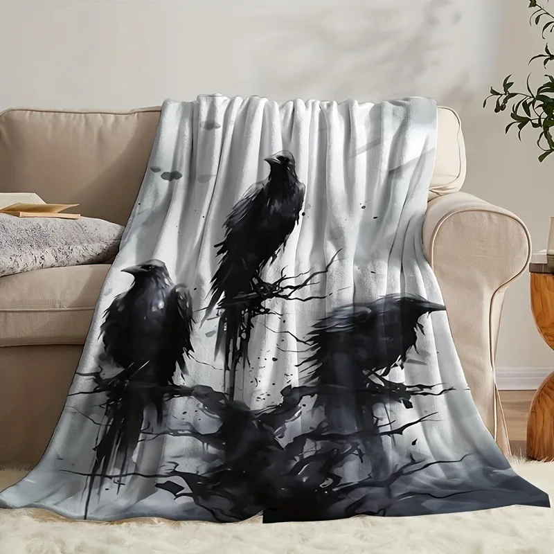 Gothic black raven pattern Flannel printed blanket suitable for all seasons suitable for living room office sofa and travel