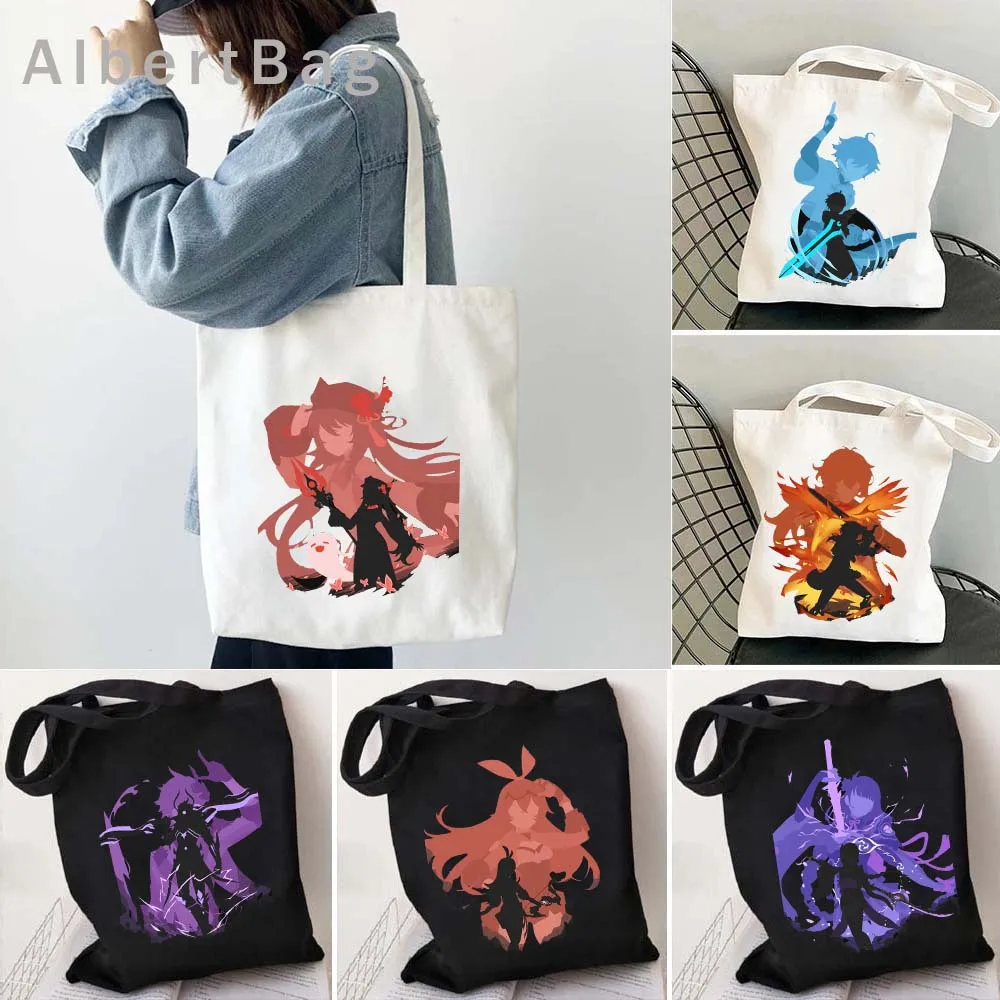 Genshin Impact Kawaii Anime Shopping Harajuku Tote Bag Anime Manga Raiden Hu Tao Kaeya Kazuha Keqing Zhongli Eco Shopper Handbag