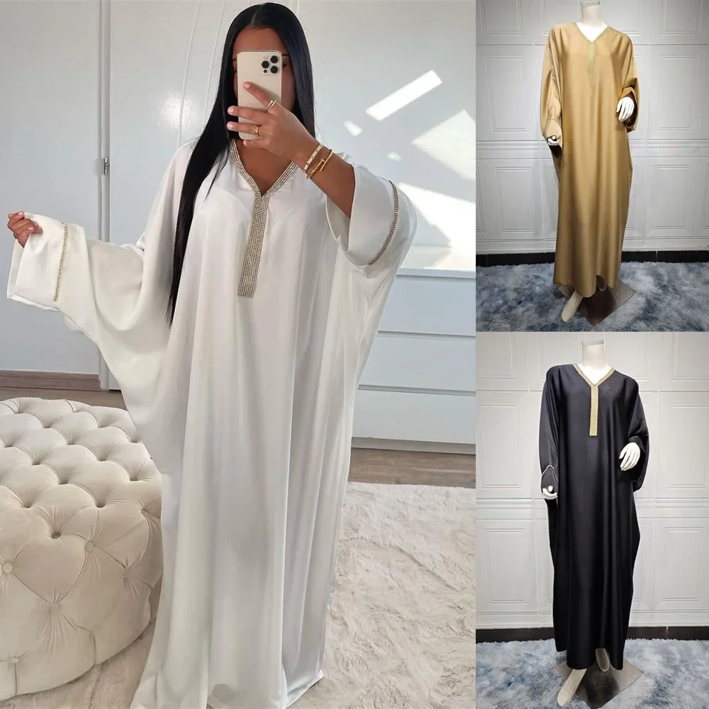 

Diamonds Women Muslim Abaya Batwing Sleeve Loose Long Maxi Dress Turkey Arabic Satin Kaftan Islamic Musulmane Femme Dubai Gown