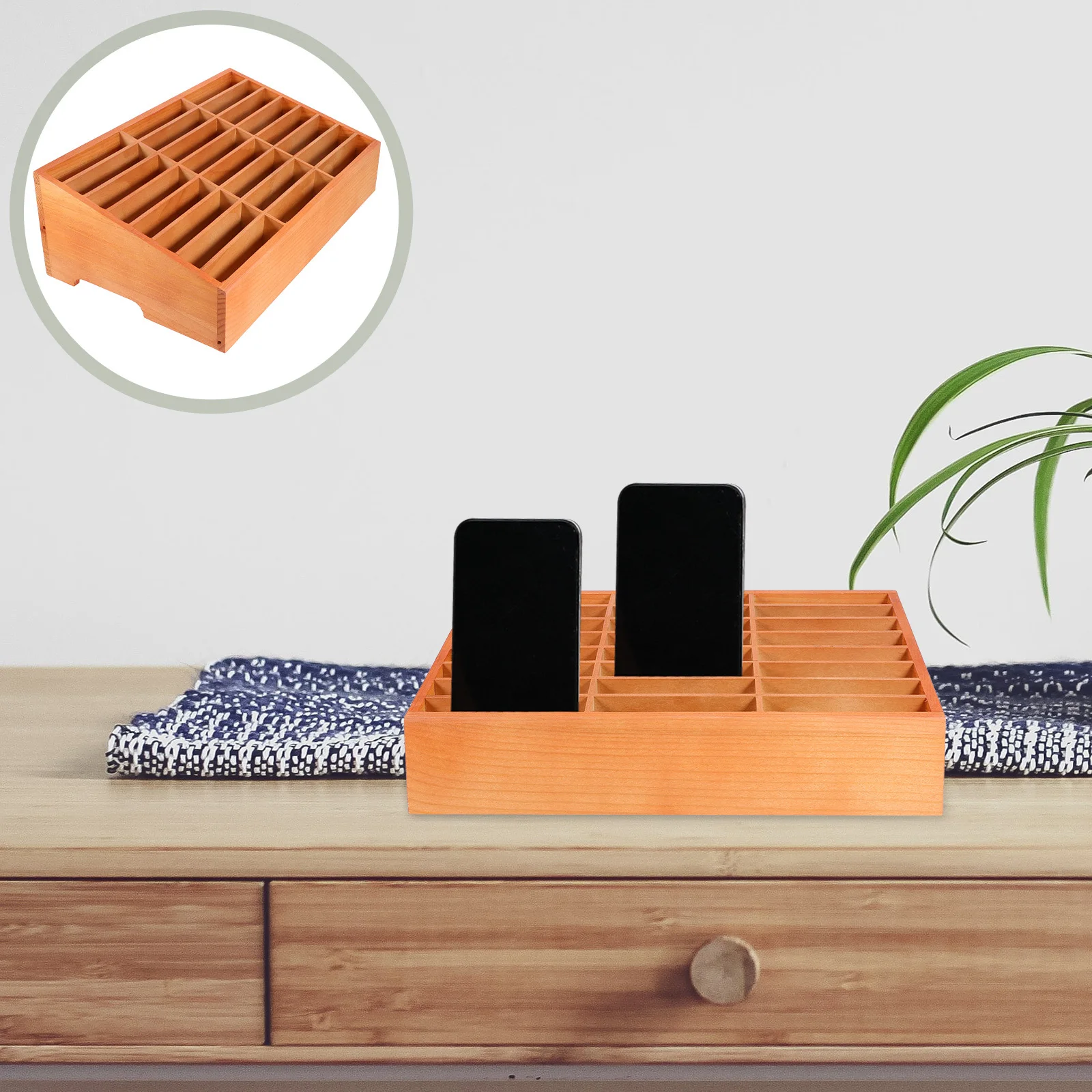 صندوق تخزين الهاتف الخليوي سطح المكتب الخشب المنظم مقصورات متعددة قلم رصاص الهواتف المحمولة عن بعد مقص آلة حاسبة USB