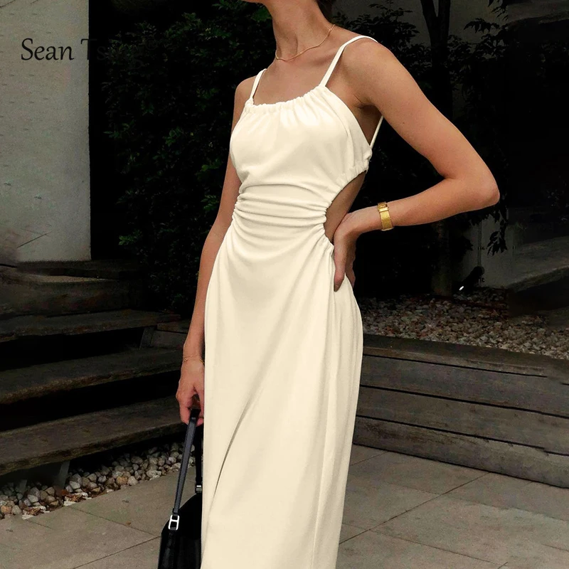 

Elegant Backless Lace-Up Long Dress round Neck Hanging Design Sexy Evdening Party Sundress Cotton Linen Skirt blue and black