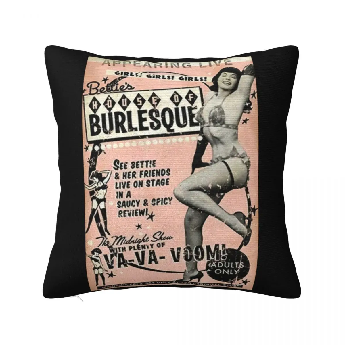 House Of Burlesque Bettie Page Pin Up Model Vintage Strip Club Poster Present Fashion Top Goth Basic Pillow Case