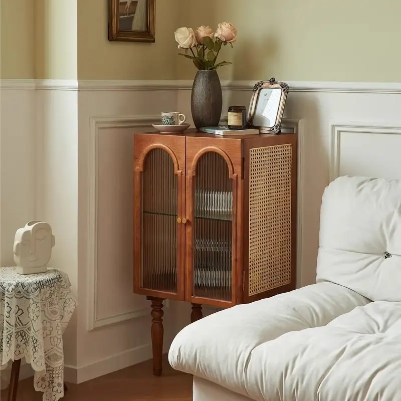 

Small apartment, side cabinet next to the living room sofa, glass display cabinet, French retro side cabinet