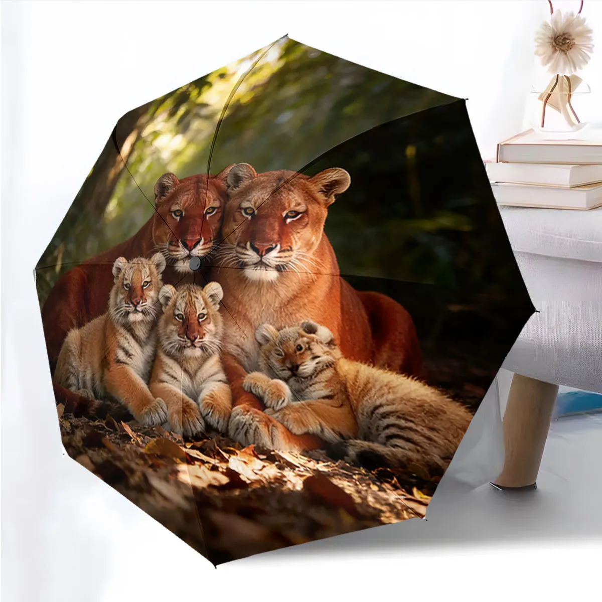 1PC Lion Family in the Wild Forest Setting Print 8 Iron Ribs Folding Umbrella Auto-Open Fashion Sunshade