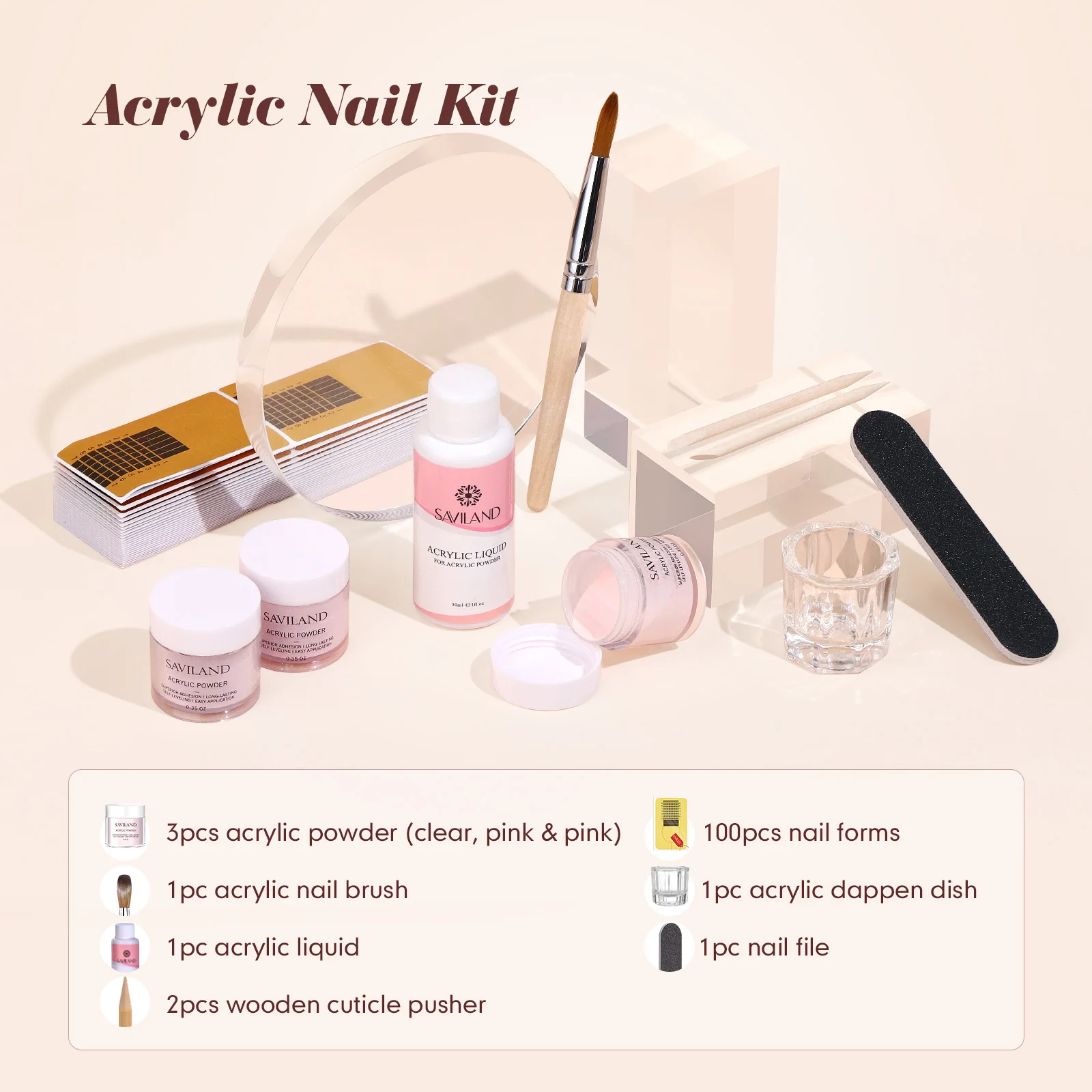 SAVILAND Kit de poudre acrylique nu rose clair avec 30 ml acrylique liquide acrylique brosse à ongles formes d'ongles pour Salon d'art des ongles maison bricolage