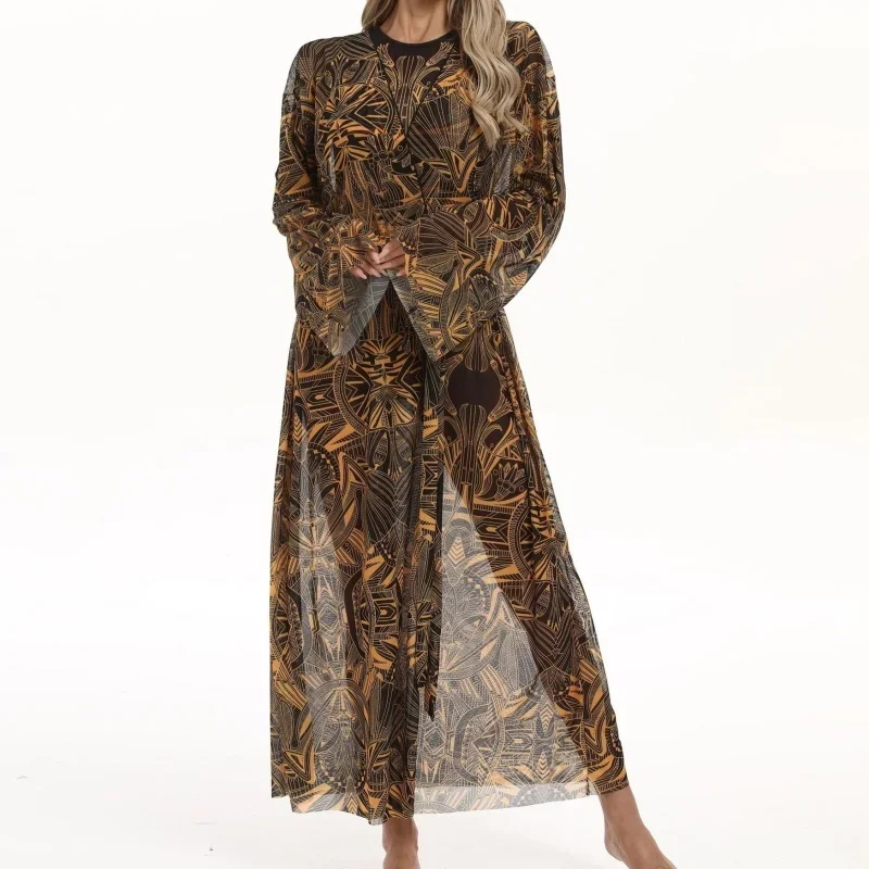 보헤미안 프린팅 비치 드레스 여성 빈티지 캐주얼 긴팔 레이스업 메쉬 탑 우아한 패션 비치웨어 비키니 커버업 2025