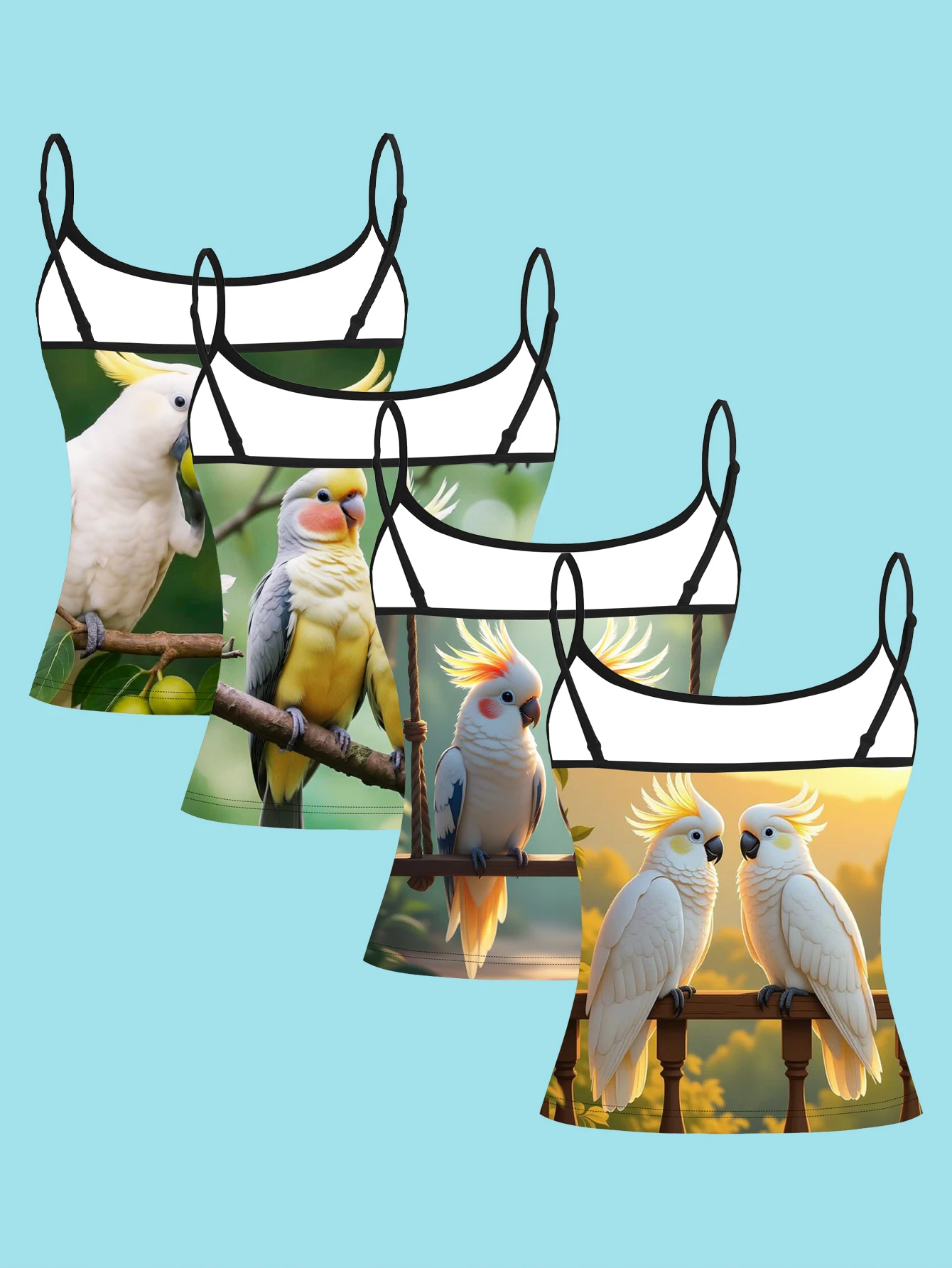 4-Piece Set of Cute Cockatiel and Parrot Patterned Camisole Outfits, Forest Bird Women's Spaghetti Strap Undershirt