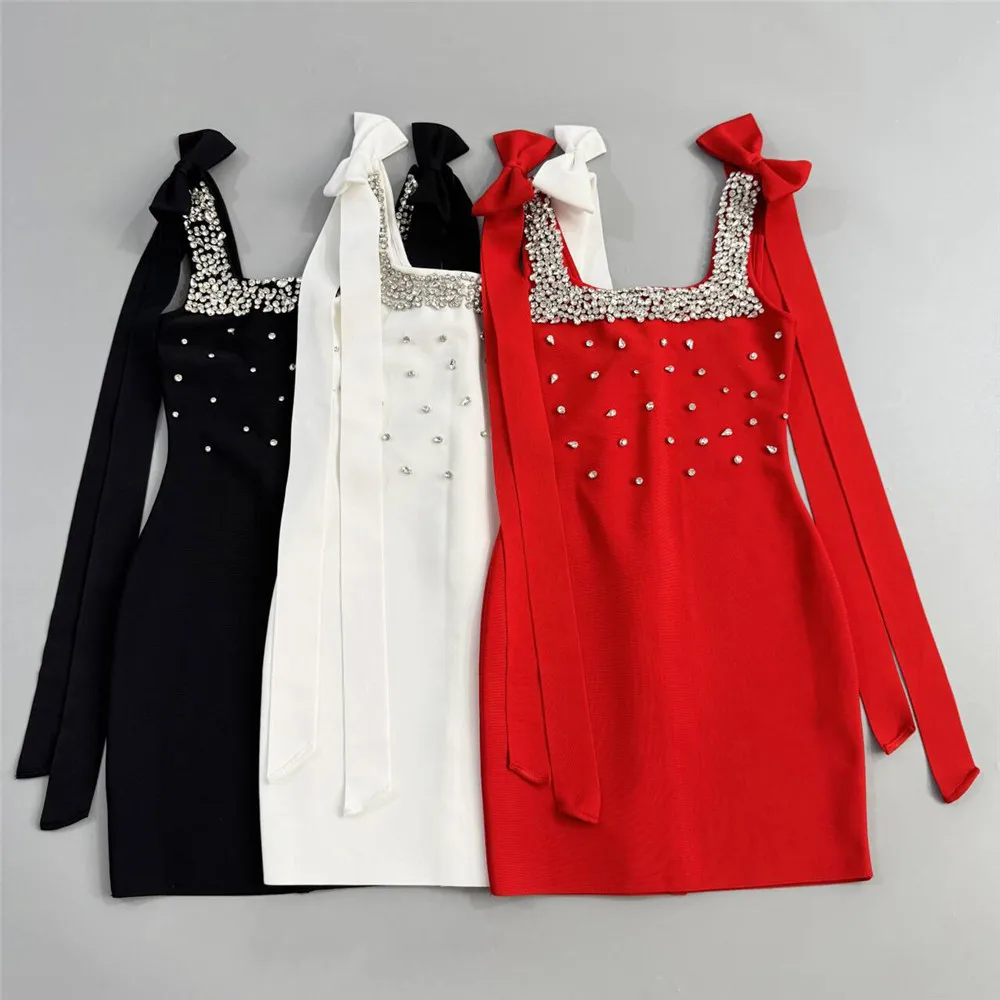 فستان نسائي جديد بأشرطة بدون أكمام وياقة مربعة وألماس على شكل حرف A فساتين حفلات أعياد الميلاد الصغيرة للمشاهير والحفلات المسائية والنوادي