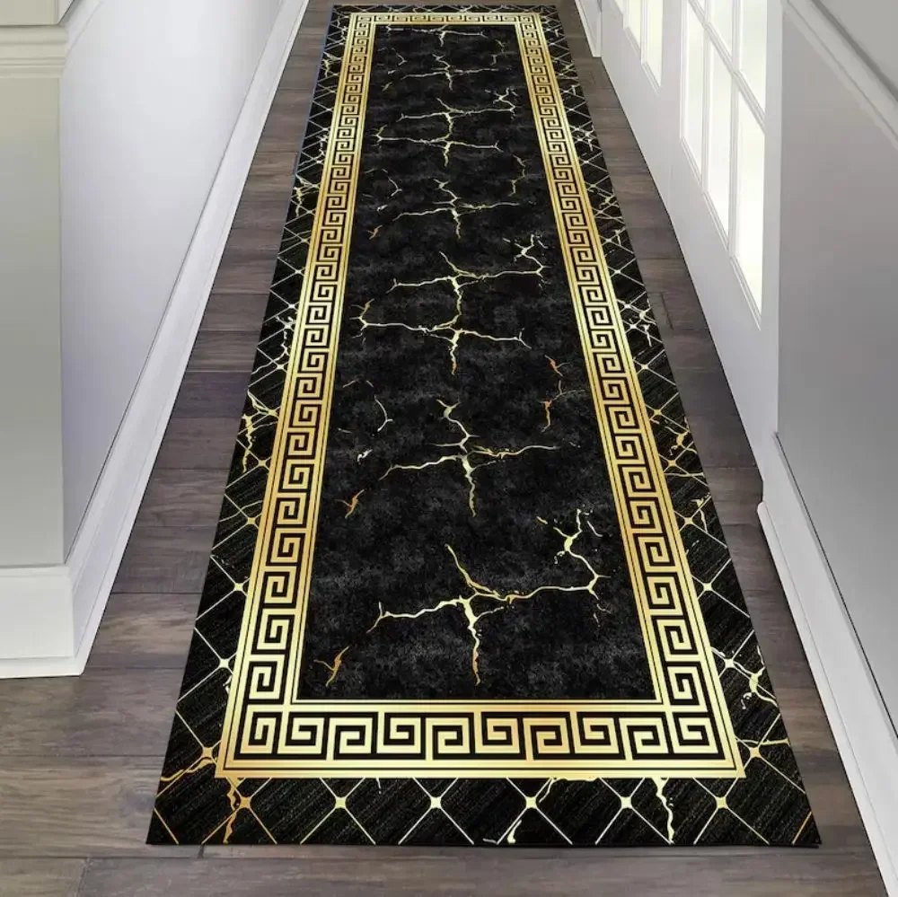 Luxury Black Gold Marble Hallway Runner Rug Modern Greek Key Border Area Carpet for Entrance Living Room Non-Slip