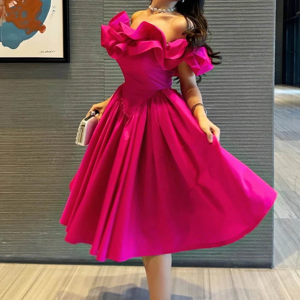 

Exquisite Pleat Ruffles Boat Neck Tea Length A-Line Prom Gowns Satin Custom Made Off the Shoulder Girdling Draped فساتين سهرة